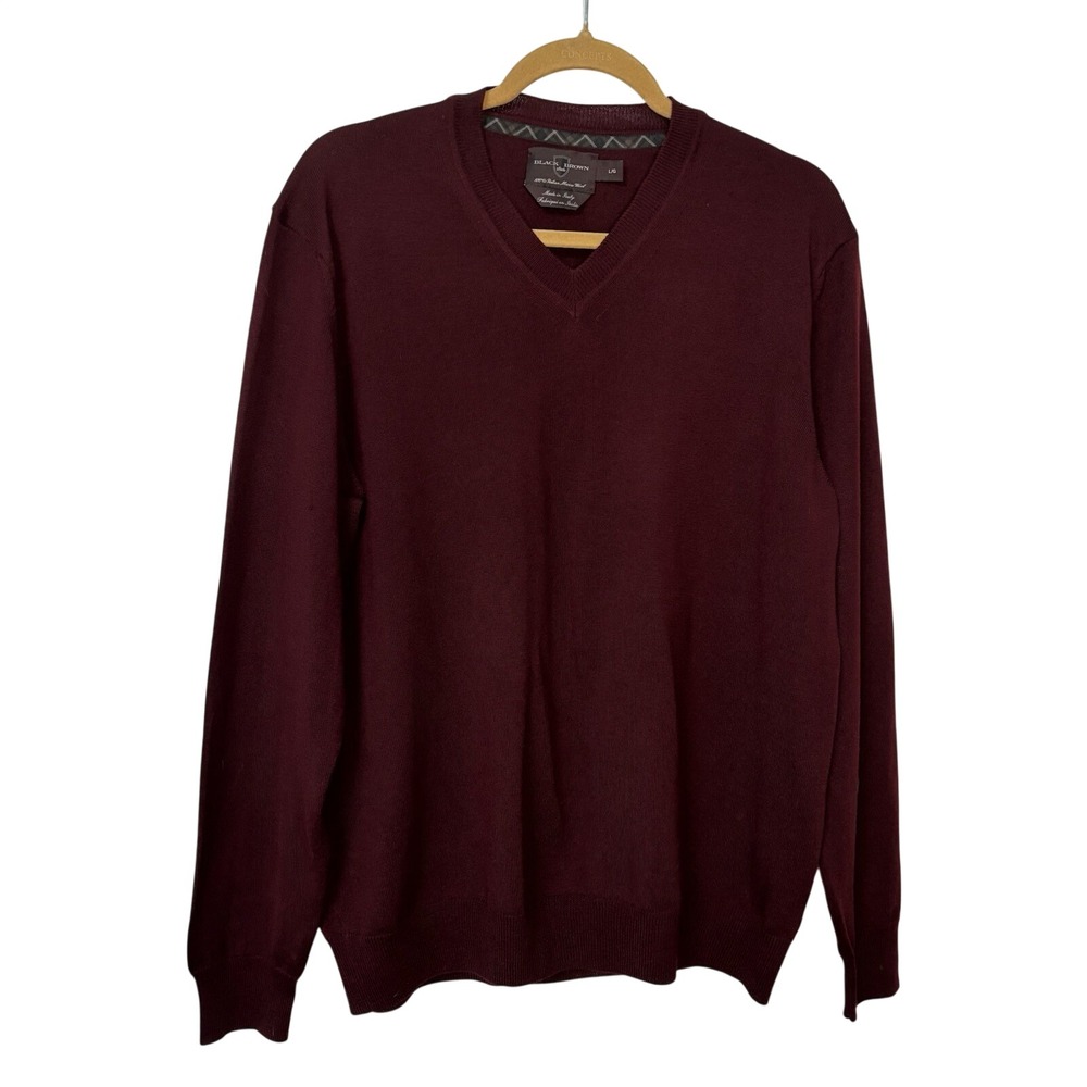 Black Brown 1826 Italian Merino Wool Sweater Mens L Red Knit V-neck Pullover